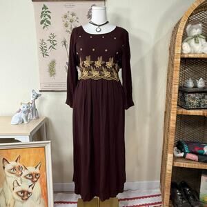 Vintage Tie Back Floral Embroidered Maxi Dress Cottage Forest Fairy Grunge XL